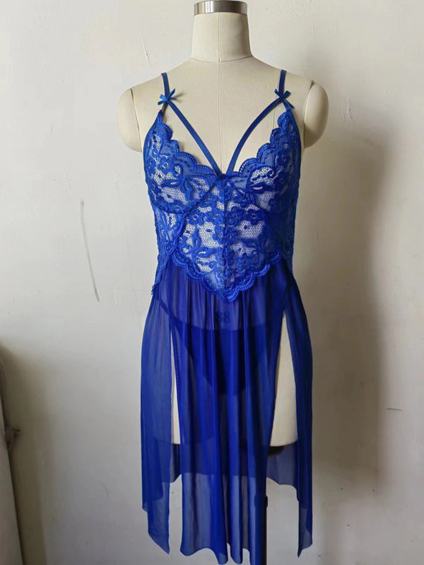 New sexy mesh see-through lace embroidered suspender nightgown slit long skirt suit - Blue / S
