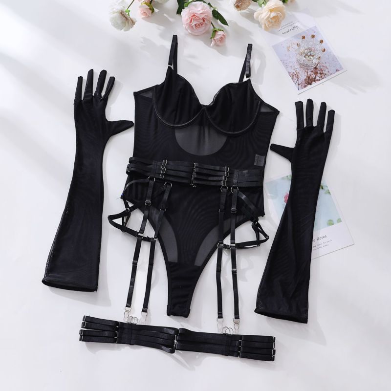New sexy one-piece bodysuit with gloves and bandage see-through mesh sex suit - Black / S