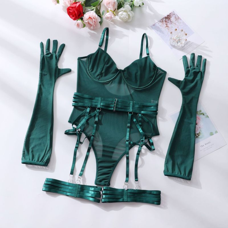 New sexy one-piece bodysuit with gloves and bandage see-through mesh sex suit - Green black jasper / S