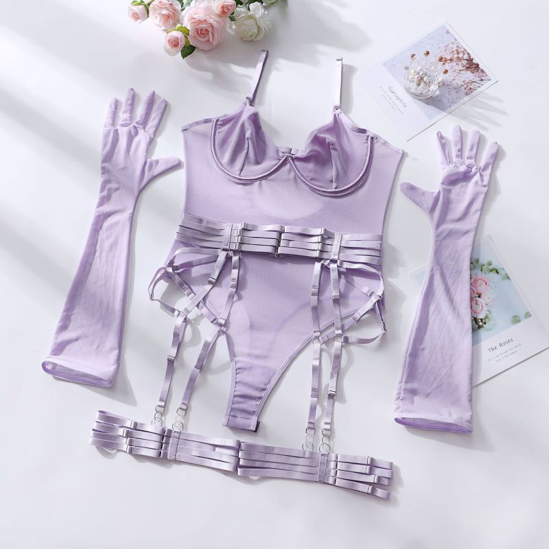 New sexy one-piece bodysuit with gloves and bandage see-through mesh sex suit - Purple / S