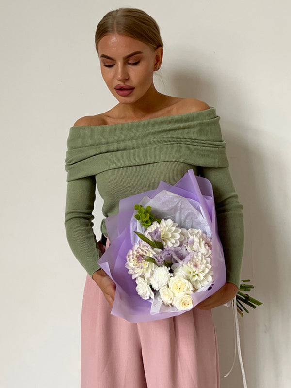 New sexy slim fit one-line collar long-sleeved bottoming sweater - Pale green / S