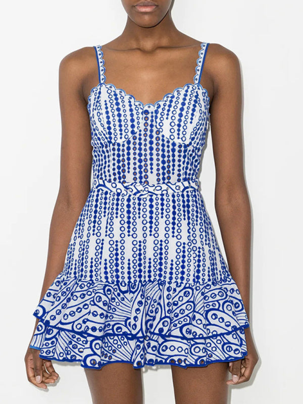 New sexy sling ruffle dress waist temperament short skirt - Blue / S