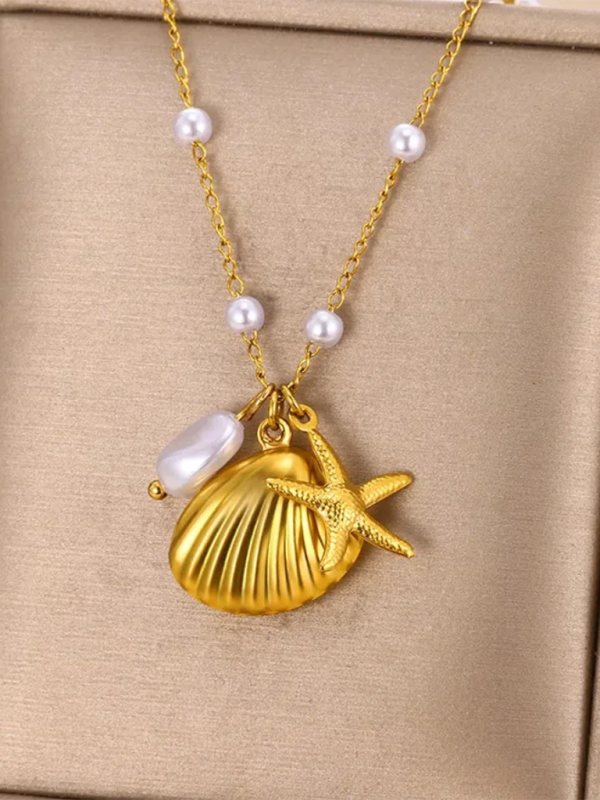 New Shell Starfish Scallop Pearl Necklace Jewelry - Golden / FREESIZE