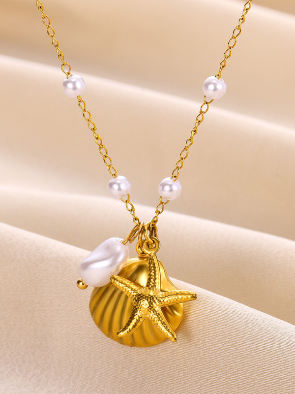 New Shell Starfish Scallop Pearl Necklace Jewelry - Golden / FREESIZE