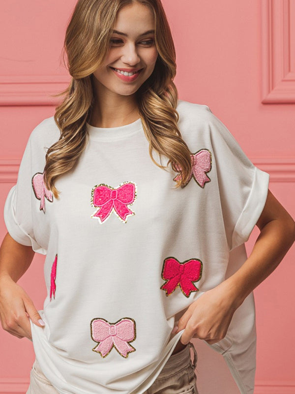 New short-sleeved bow sequin embroidered top - White / S