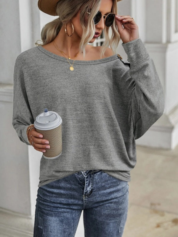 New Simple and Comfortable Button Long Sleeve T-Shirt - Misty grey / S