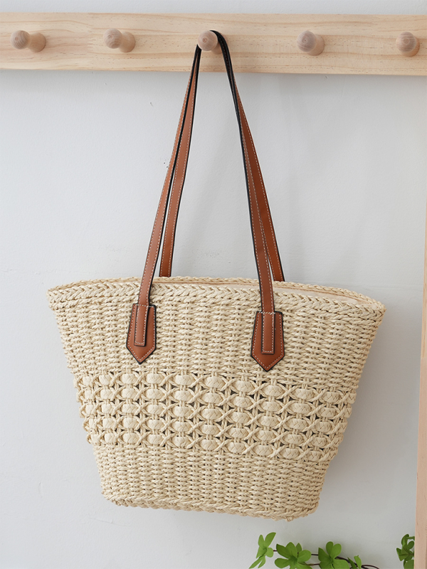 New single shoulder straw bag casual fashion beach vacation large capacity handbag tote bag - Cream / FREESIZE