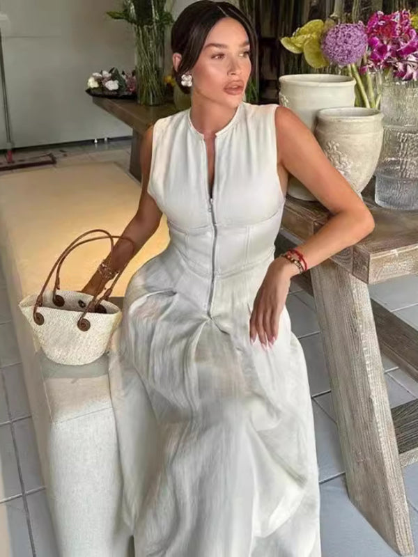 New Sleeveless V-neck Casual Temperament Commuter Waist Zipper Neck Dress - Cream / S