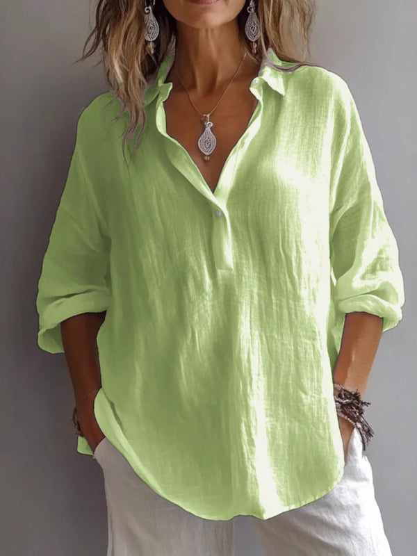 New solid color casual loose button V-neck shirt - Green / S