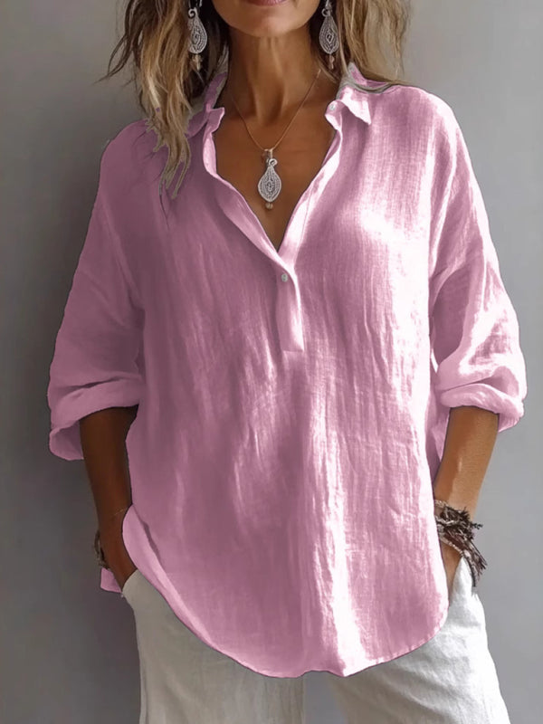New solid color casual loose button V-neck shirt - Pink / S
