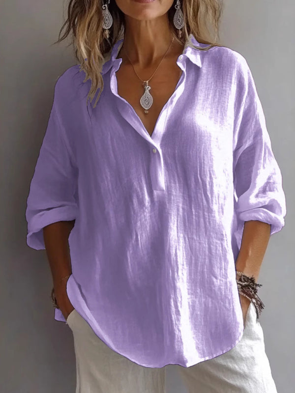 New solid color casual loose button V-neck shirt - Purple / S