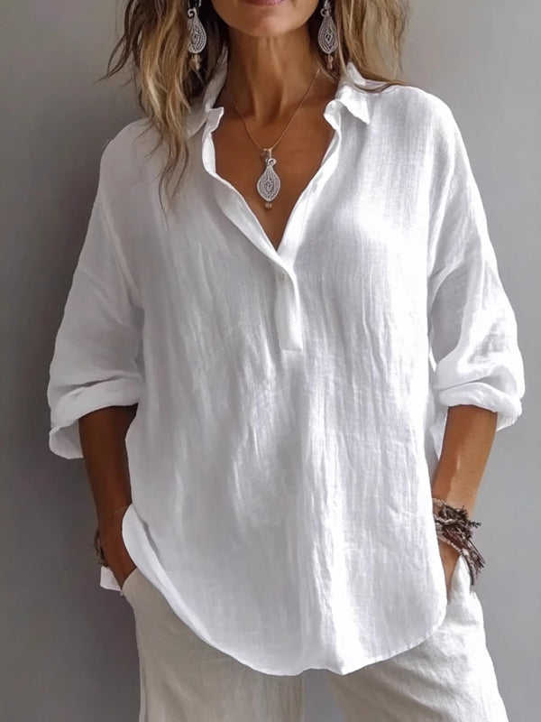 New solid color casual loose button V-neck shirt - White / S