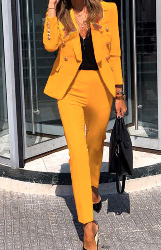 New Solid Color Fashion Two-Piece Suit - Yellow / S