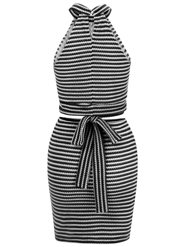 Striped knit halter neck two-piece set with crop top and skirt for fashionable summer wear
