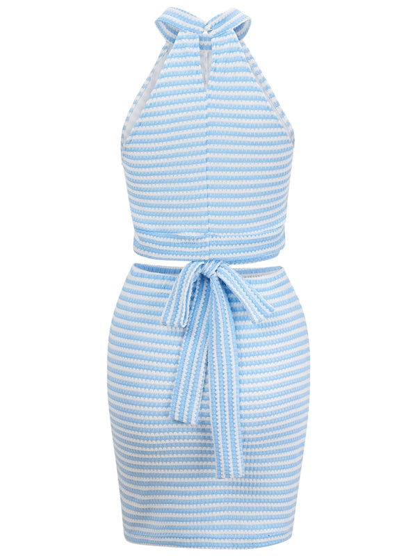 Blue and white striped knit two-piece set featuring a halter neck crop top and skirt