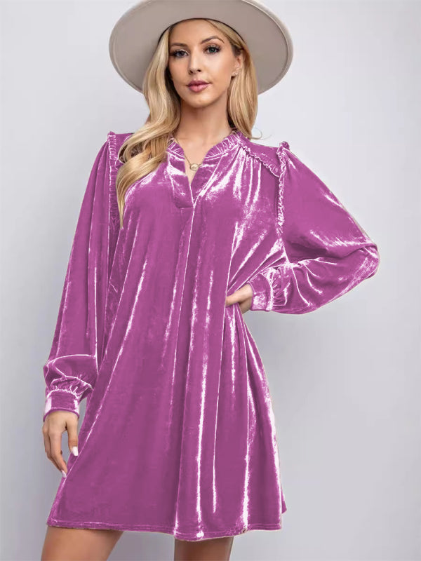 New solid color loose straight dress velvet casual simple knee-length skirt - Brown / S