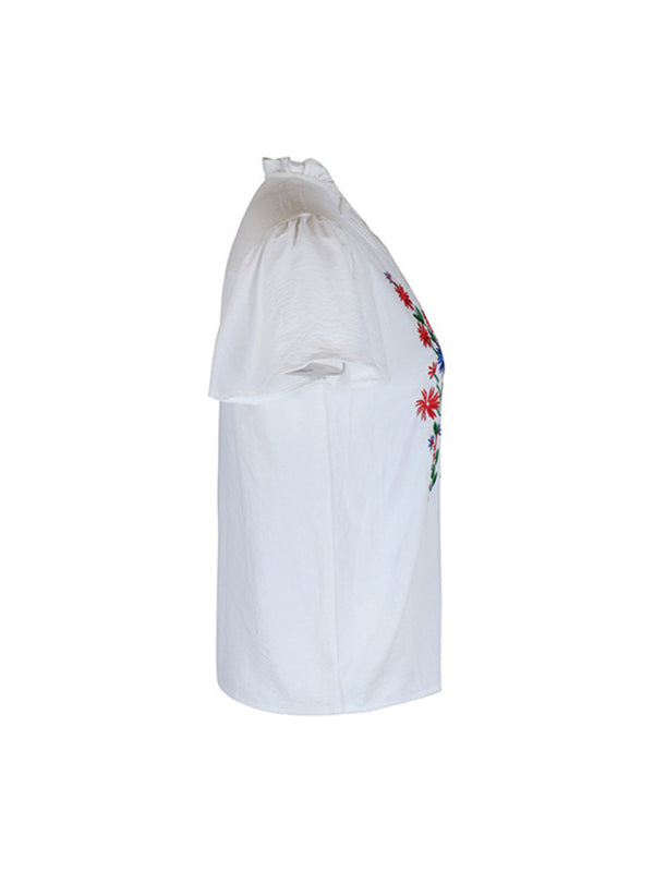 New solid color short sleeve embroidered shirt - Closther