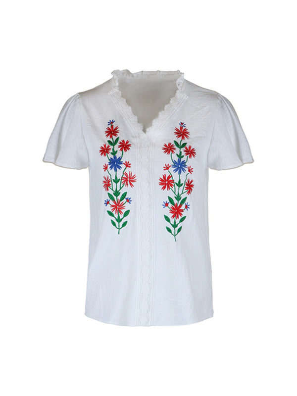 New solid color short sleeve embroidered shirt - Closther