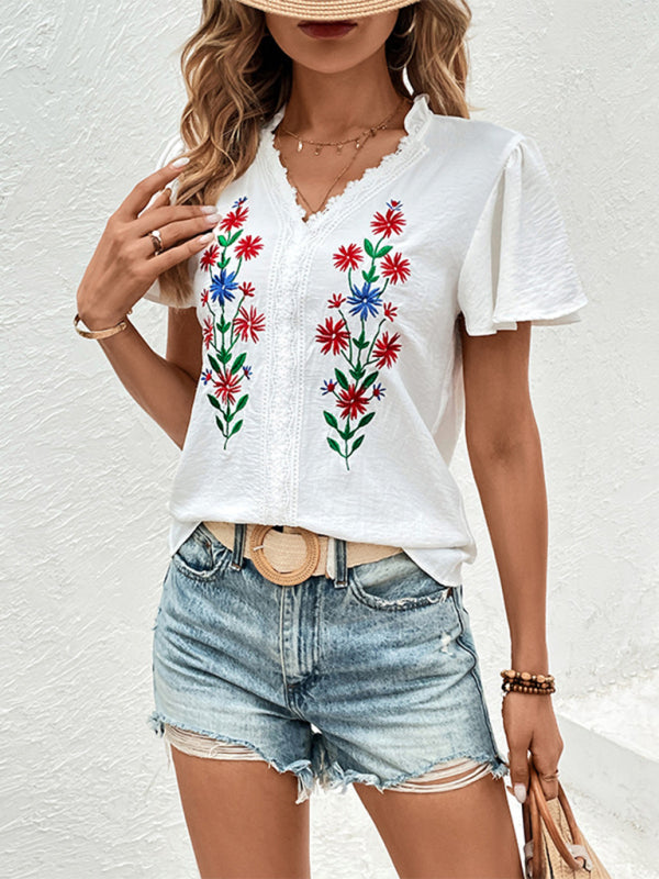 New solid color short sleeve embroidered shirt - Closther