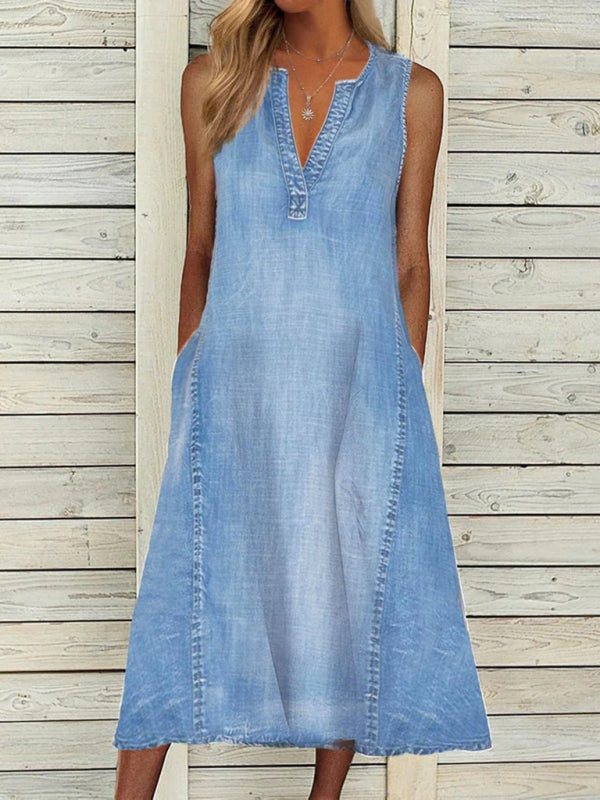 New solid color sleeveless V-neck loose casual denim dress - Blue / S