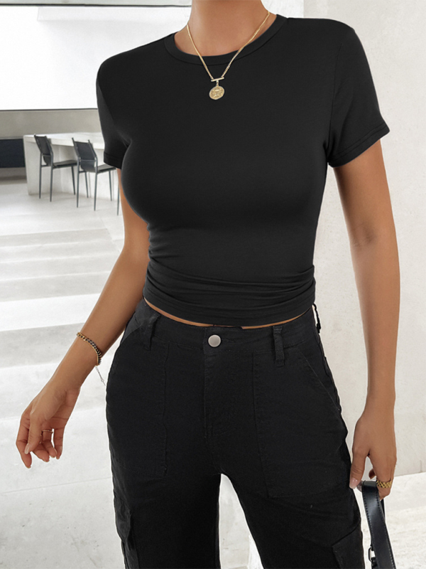 New solid color top waisted short slim fit navel-baring T-shirt