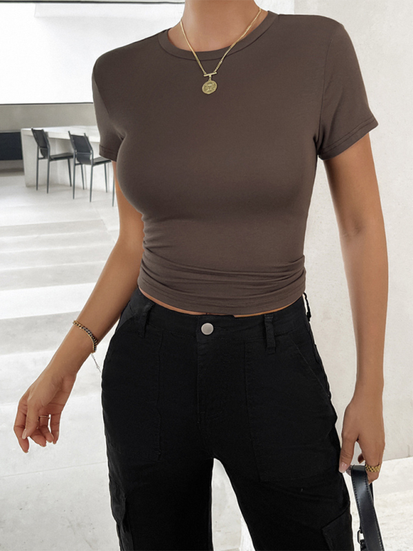 New solid color top waisted short slim fit navel-baring T-shirt - Brown / S