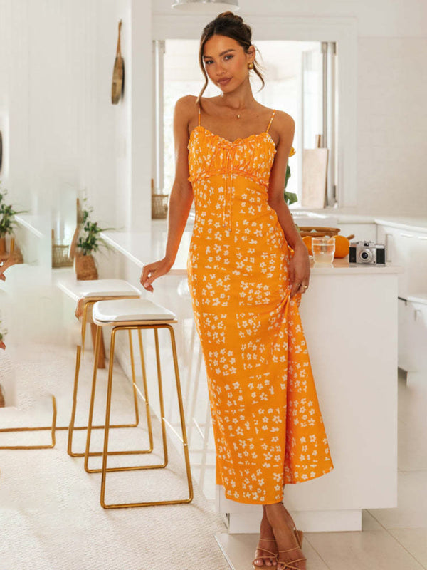 New spring and summer sexy slim-fit suspender V-neck printed backless long dress - Orange / S