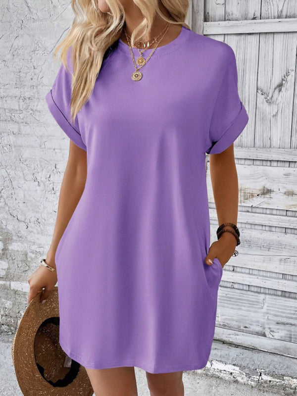 New spring and summer solid color round neck loose short sleeve pocket dress - Purple / S