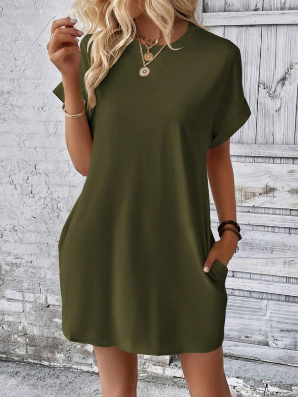 New spring and summer solid color round neck loose short sleeve pocket dress - Olive green / S