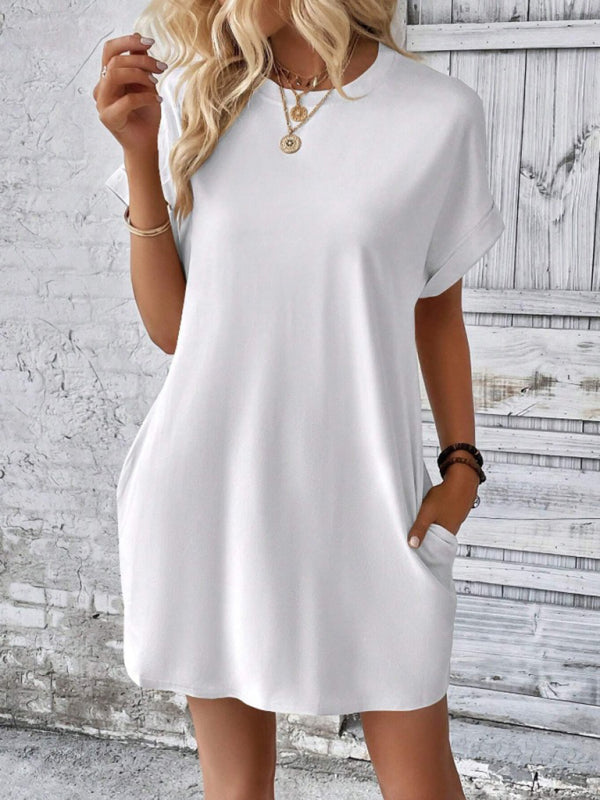 New spring and summer solid color round neck loose short sleeve pocket dress - White / S