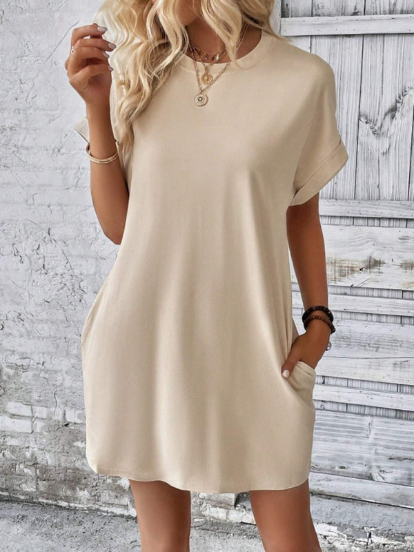 New spring and summer solid color round neck loose short sleeve pocket dress - Cracker khaki / S
