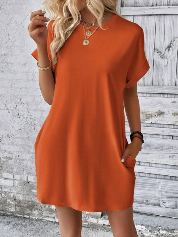 New spring and summer solid color round neck loose short sleeve pocket dress - Orange / S