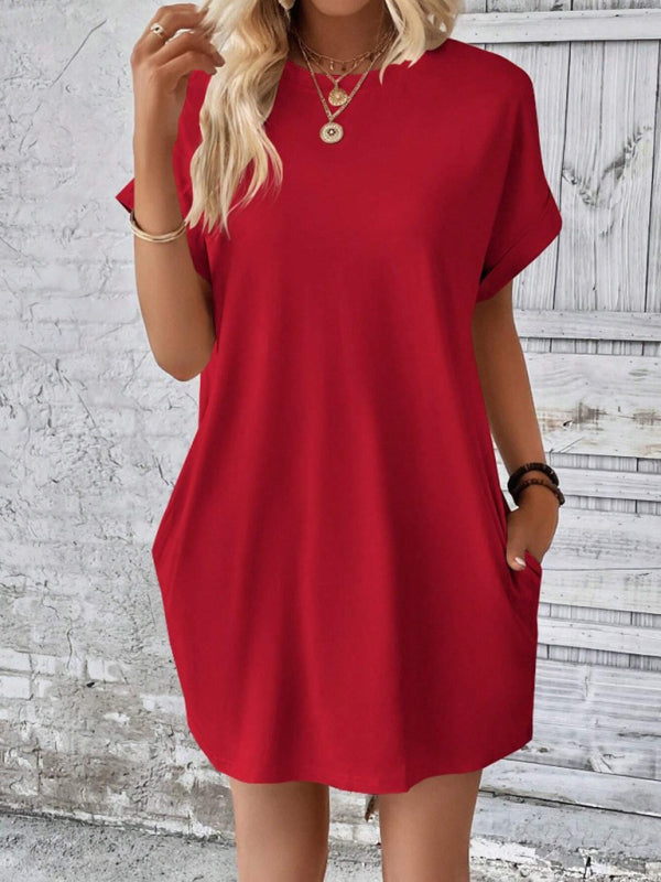 New spring and summer solid color round neck loose short sleeve pocket dress - Red / S