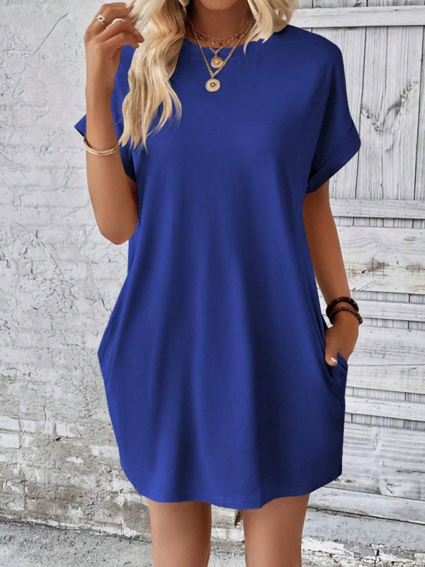 New spring and summer solid color round neck loose short sleeve pocket dress - Blue / S