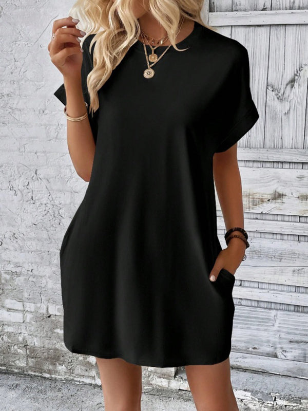 New spring and summer solid color round neck loose short sleeve pocket dress - Black / S