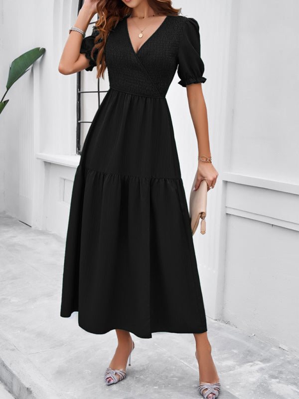 New spring and summer solid color temperament V-neck short-sleeved long skirt - Black / S