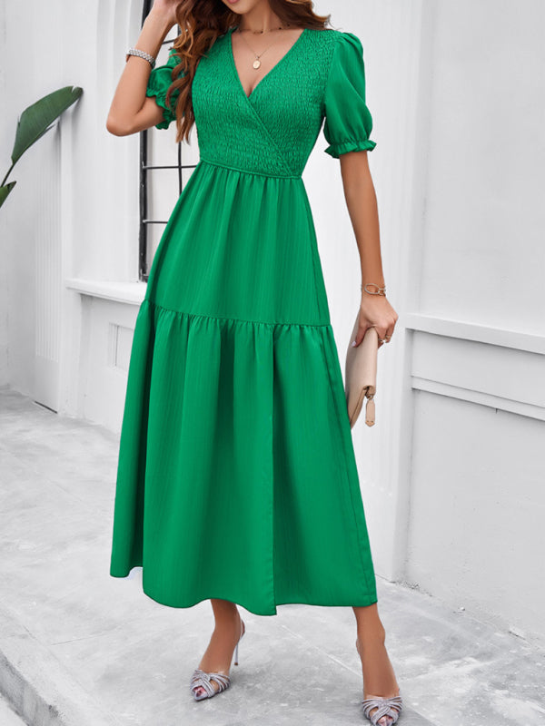 New spring and summer solid color temperament V-neck short-sleeved long skirt - Grass green / S