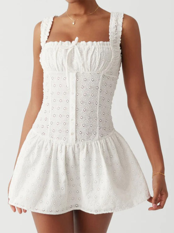 New Square Neck Waist Sling Dress French Sweet Seaside Vacation A-Line Skirt - White / S