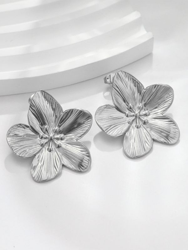 New stainless steel design matte flower earrings - Silver grey / FREESIZE