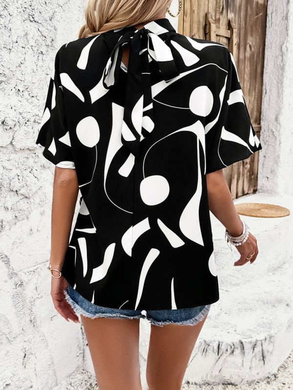 Black and white patterned blouse from the New Stand Collar Casual Loose Printed Short Sleeve Top collection