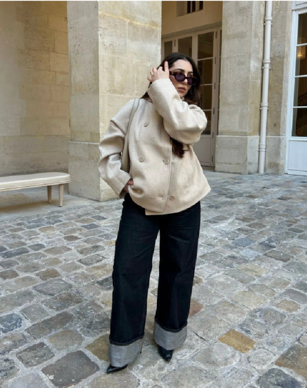 New stand collar double-breasted short coat - Cream / XS