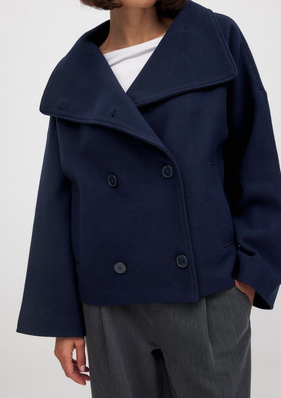 New stand collar double-breasted short coat - Purplish blue navy / XS