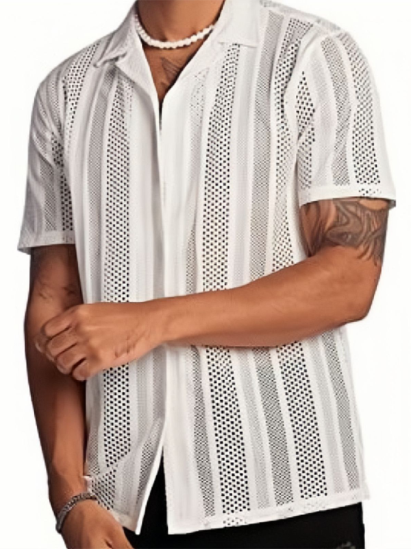 New Street Casual Button Knitted Short Sleeve Shirt - White / S
