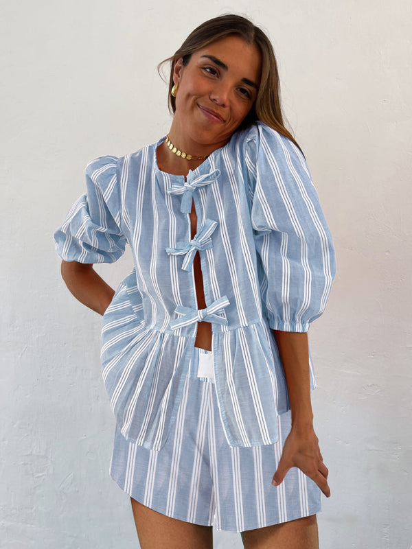 New striped lace mid-sleeve loose patchwork shirt - Blue / S