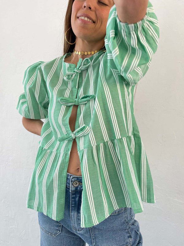 New striped lace mid-sleeve loose patchwork shirt - Green / S