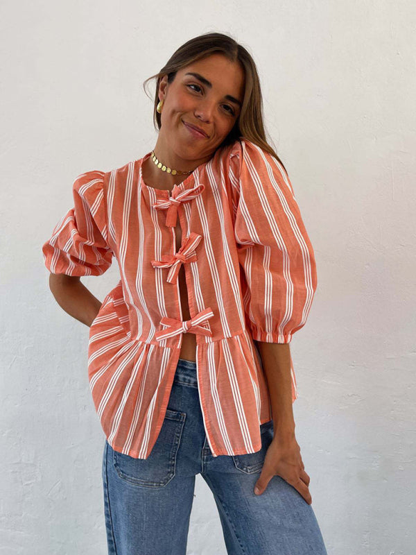 New striped lace mid-sleeve loose patchwork shirt - Orange / S