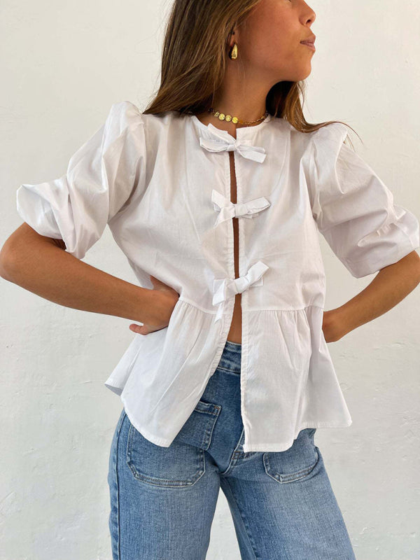 New striped lace mid-sleeve loose patchwork shirt - White / S