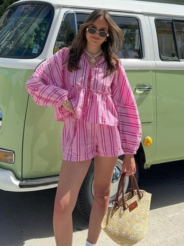 New Striped Lace-up Lantern Sleeve Shorts Set - Pink / S