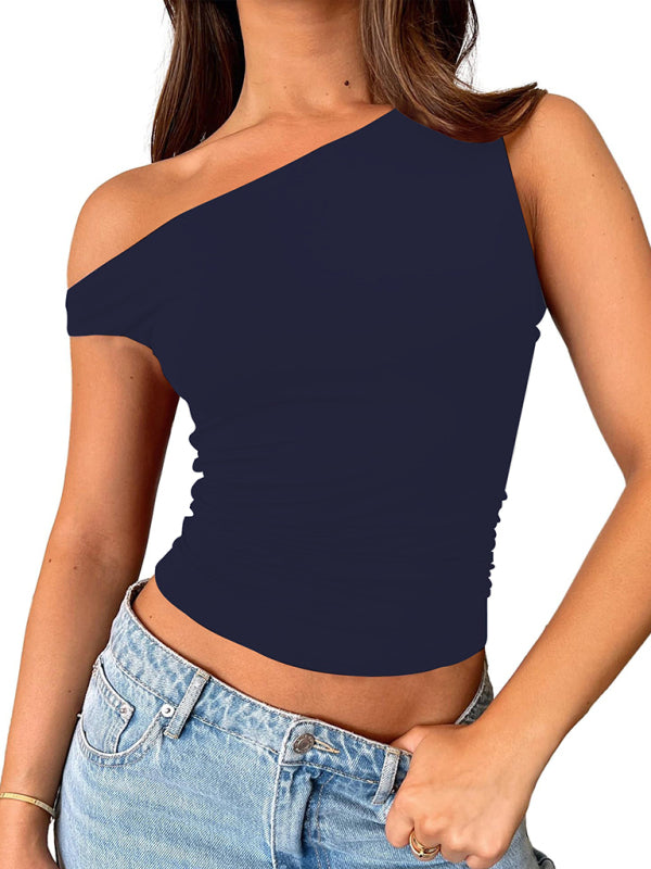 New style all-match solid color off-shoulder vest - Purplish blue navy / S