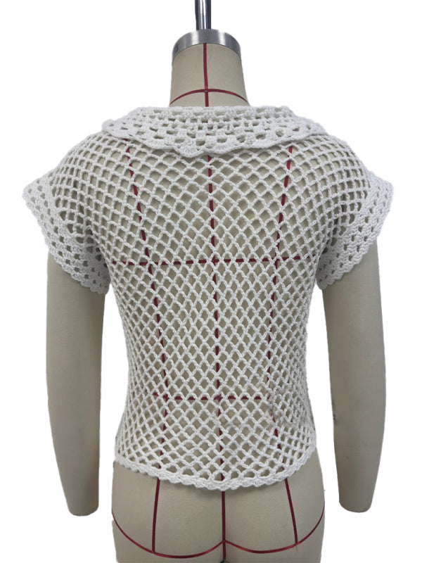 New style cardigan short sleeve loose lapel fashionable solid color hollow women’s knitted sweater